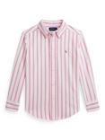 Polo Ralph Lauren Kids' Cotton Long Sleeved Stripe Print Shirt, Pink/White