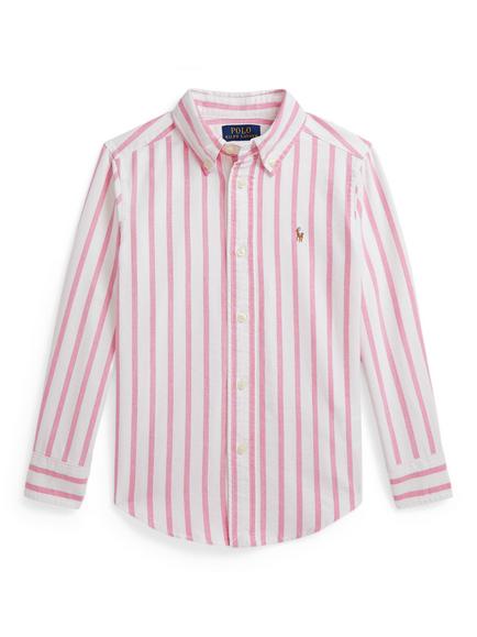 Polo Ralph Lauren Kids' Cotton Long Sleeved Stripe Print Shirt, Pink/White, Pink/White