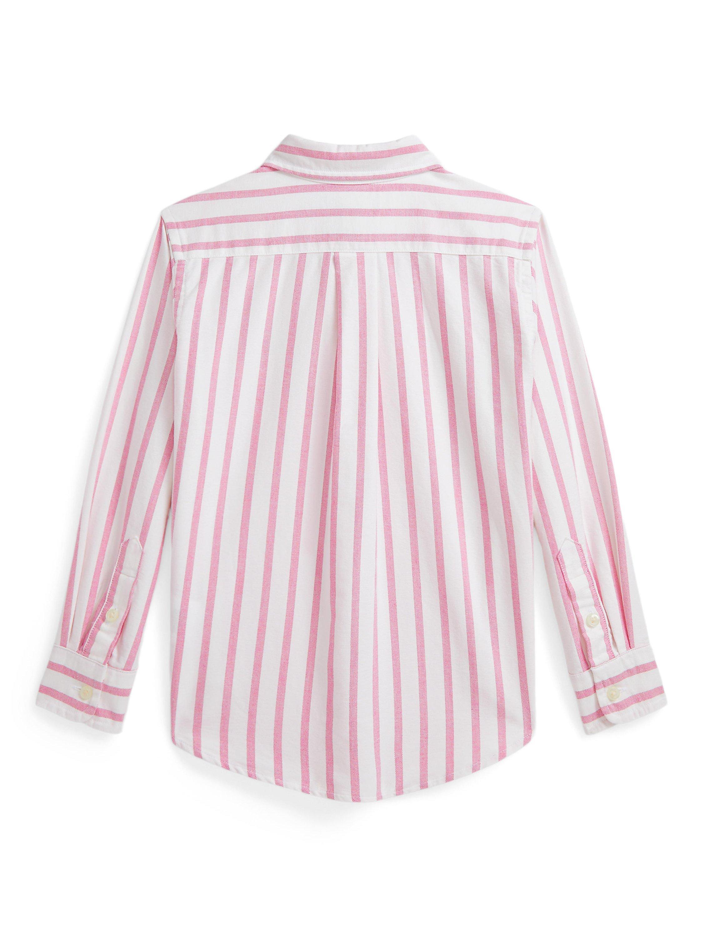 Product image 2 of 2, which shows Polo Ralph Lauren Kids' Cotton Long Sleeved Stripe Print Shirt, Pink/White, 2 years