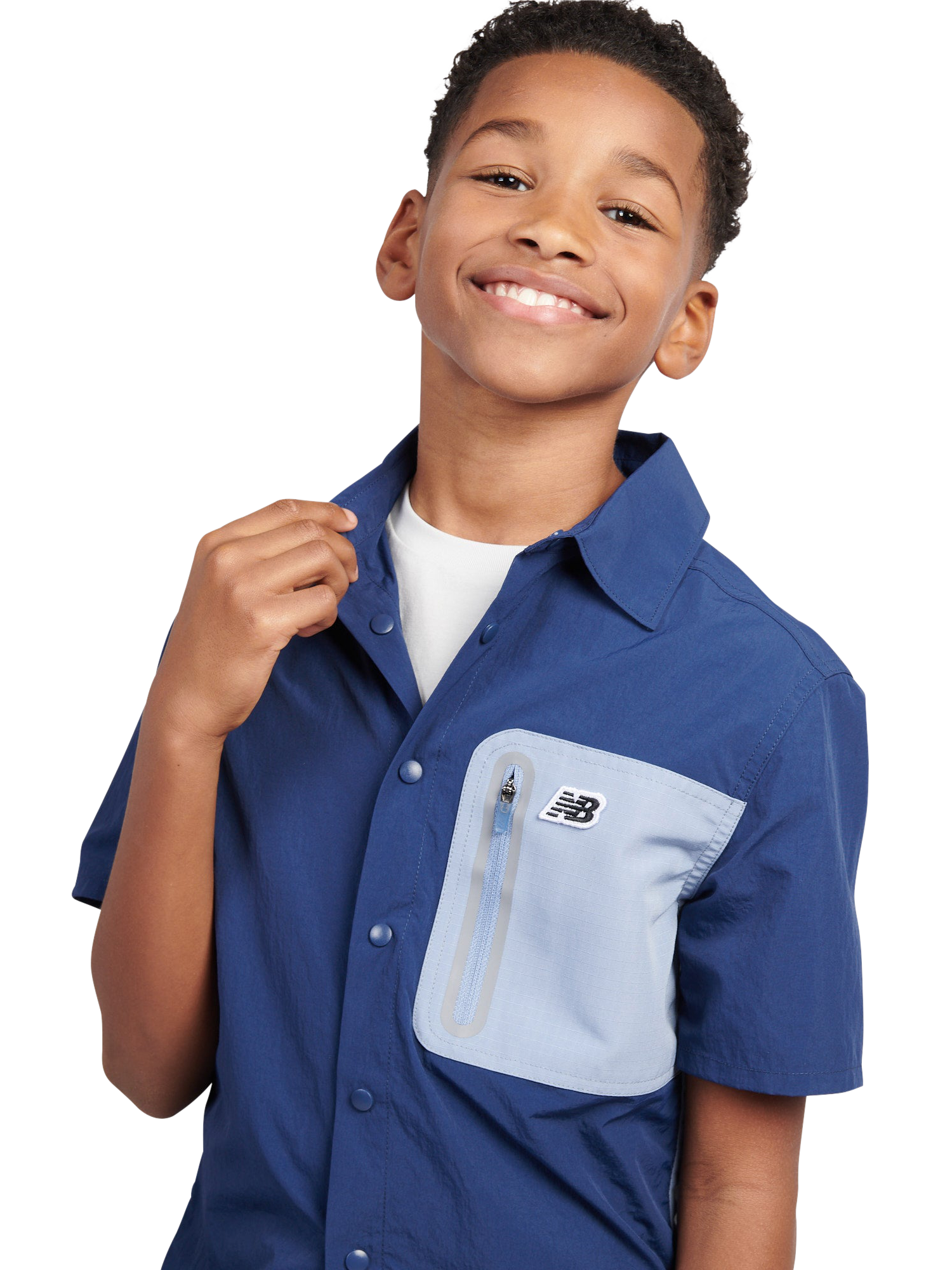 Product image 1 of 10, which shows New Balance Kids' Premium Colour Block Logo Shirt, Navy, 7-8 years