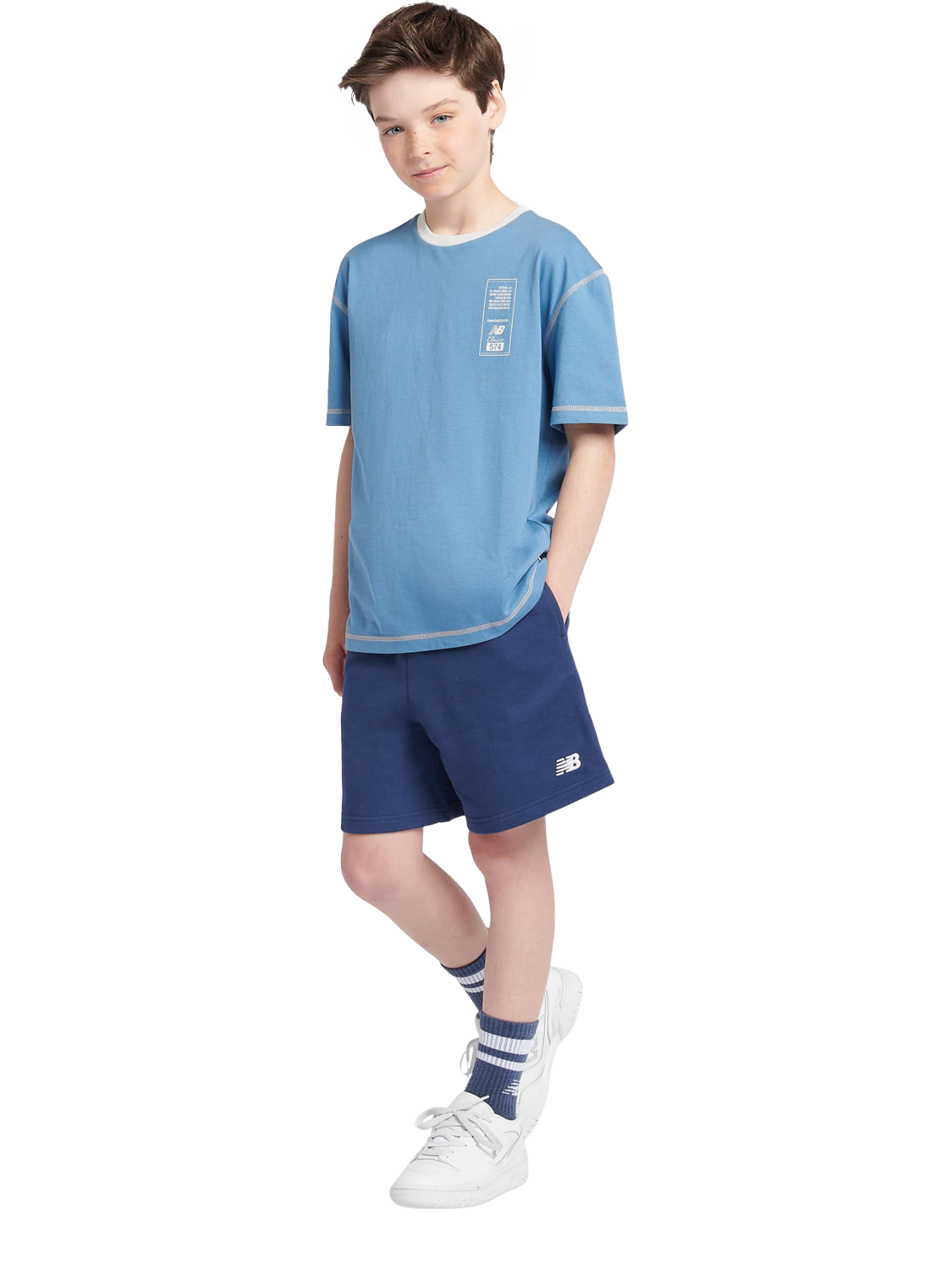 Product image 6 of 9, which shows New Balance Kids' Logo Shorts, Navy, 7-8 years