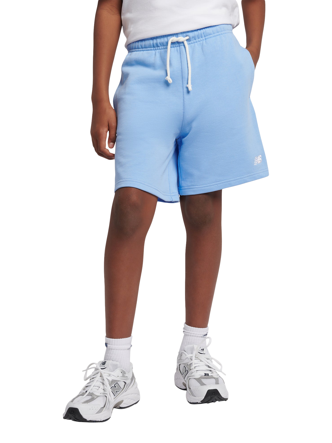 Product image 1 of 8, which shows New Balance Kids' French Terry Small Logo Shorts, Electric Sky, 7-8 years