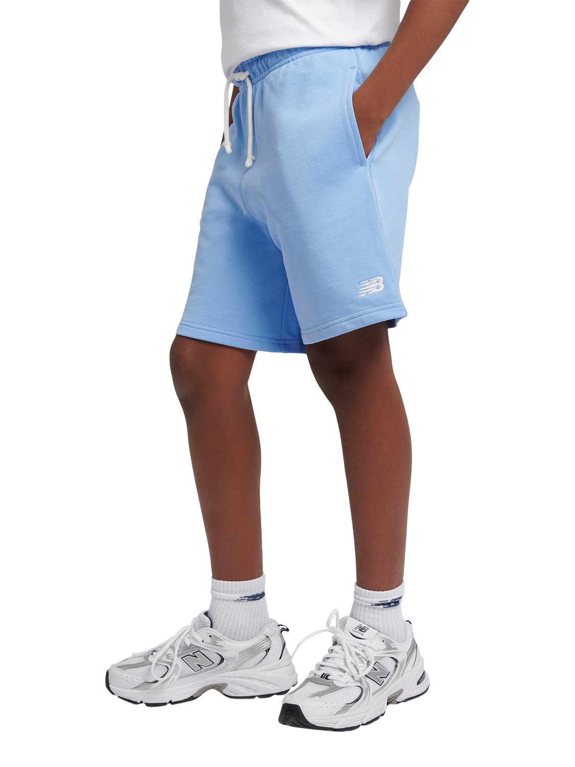 Product image 2 of 8, which shows New Balance Kids' French Terry Small Logo Shorts, Electric Sky, 7-8 years