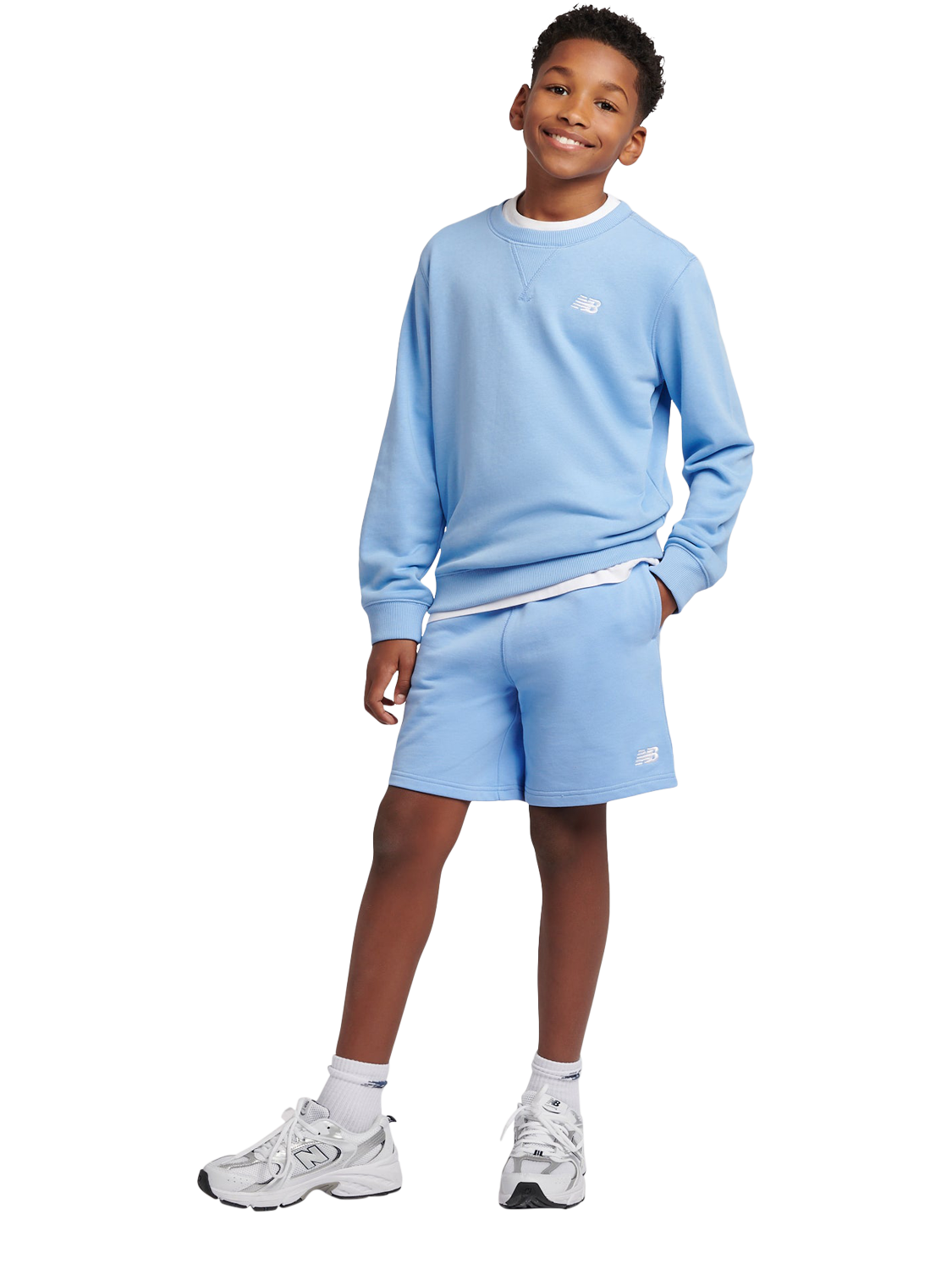 Product image 5 of 8, which shows New Balance Kids' French Terry Small Logo Shorts, Electric Sky, 7-8 years