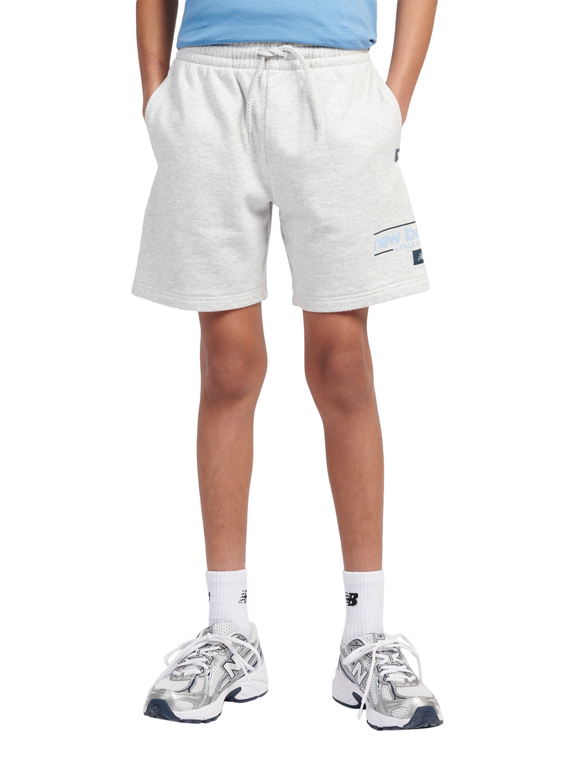 Product image 1 of 9, which shows New Balance Kids' Cotton Shoe Graphic Shorts, Ash Heather, 7-8 years
