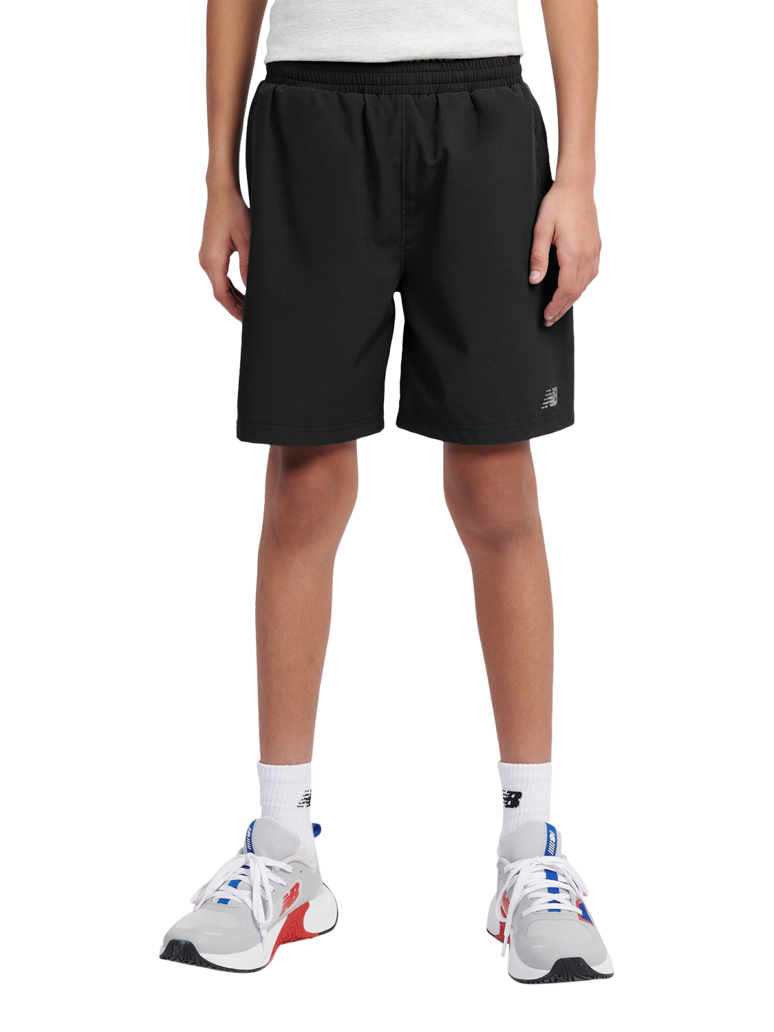 Product image 1 of 8, which shows New Balance Kids' Woven Logo Shorts, Caviar, 7-8 years