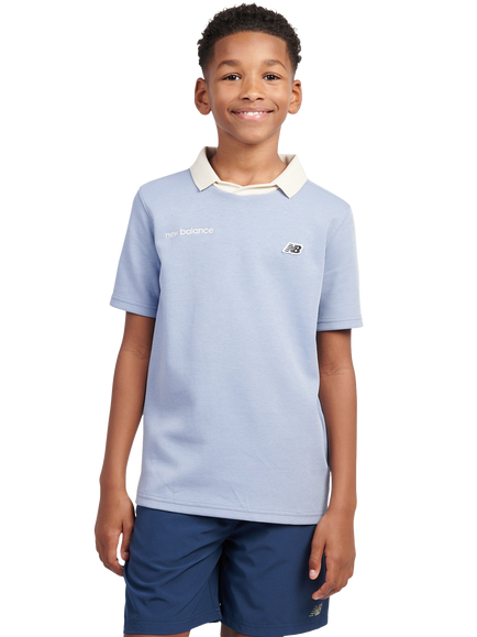 New Balance Kids' Badge Logo Polo Shirt, Dusk Shower, Dusk Shower