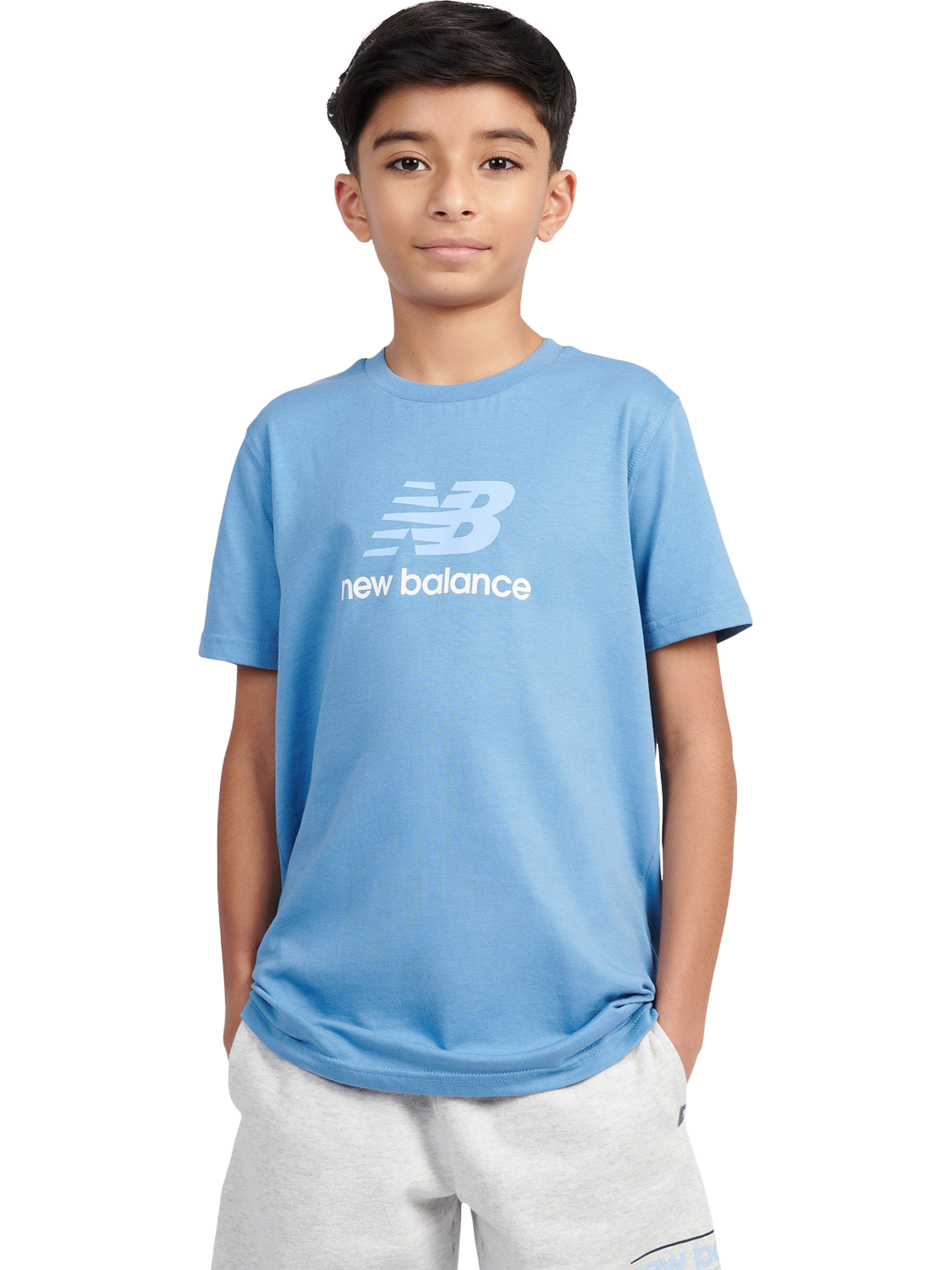 Product image 1 of 8, which shows New Balance Kids' Stacked Logo Cotton T-Shirt, Blue Laguna, 7-8 years