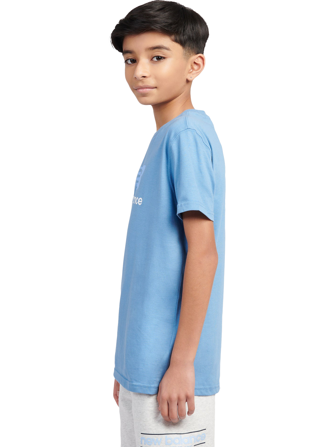 Product image 2 of 8, which shows New Balance Kids' Stacked Logo Cotton T-Shirt, Blue Laguna, 7-8 years