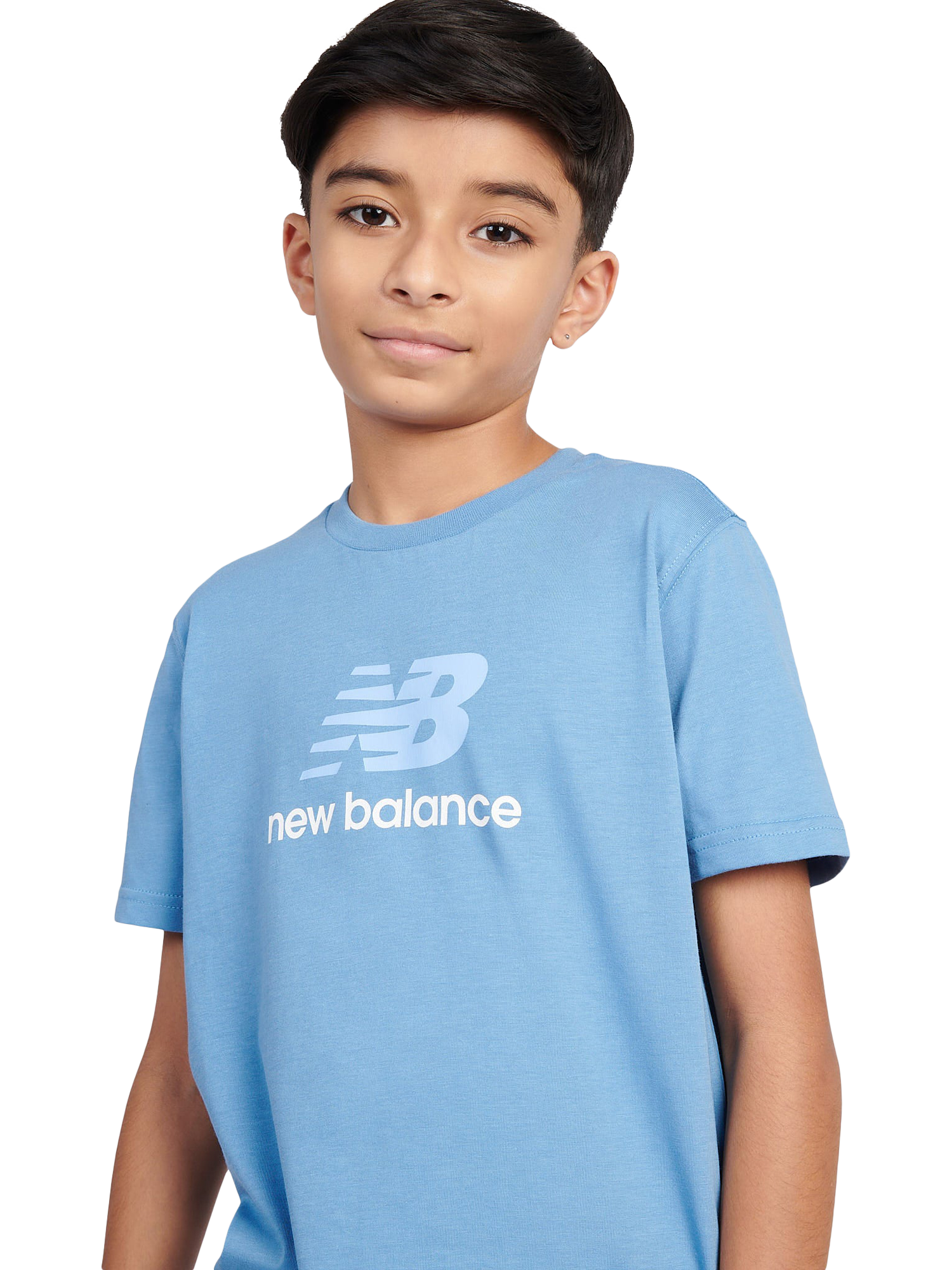 Product image 4 of 8, which shows New Balance Kids' Stacked Logo Cotton T-Shirt, Blue Laguna, 7-8 years