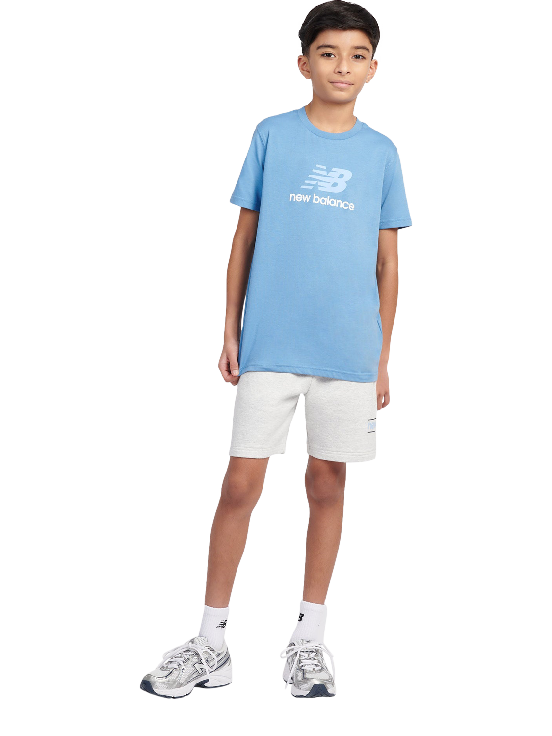 Product image 5 of 8, which shows New Balance Kids' Stacked Logo Cotton T-Shirt, Blue Laguna, 7-8 years