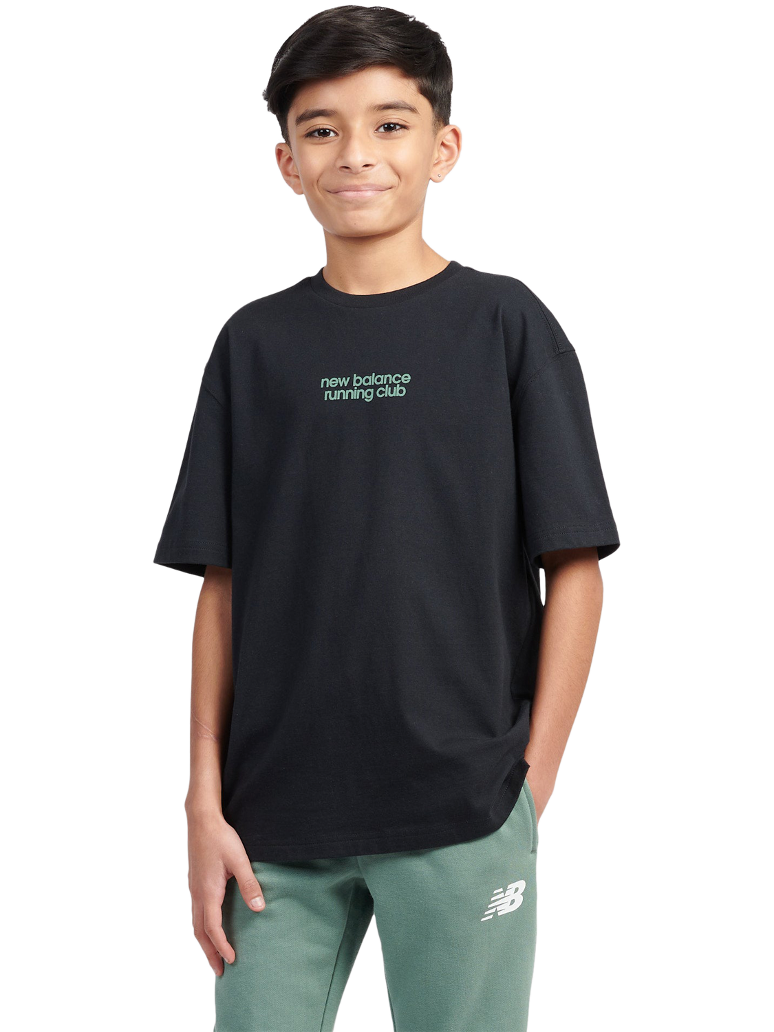 Product image 1 of 11, which shows New Balance Kids' Cotton Sandwich Back Graphic T-Shirt, Caviar, 7-8 years
