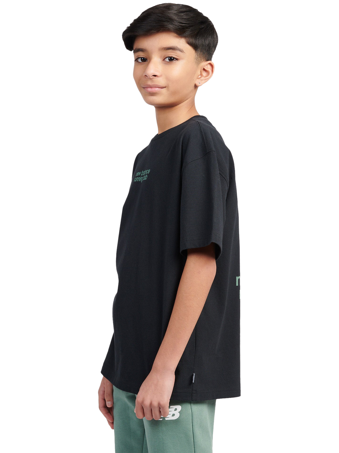 Product image 2 of 11, which shows New Balance Kids' Cotton Sandwich Back Graphic T-Shirt, Caviar, 7-8 years