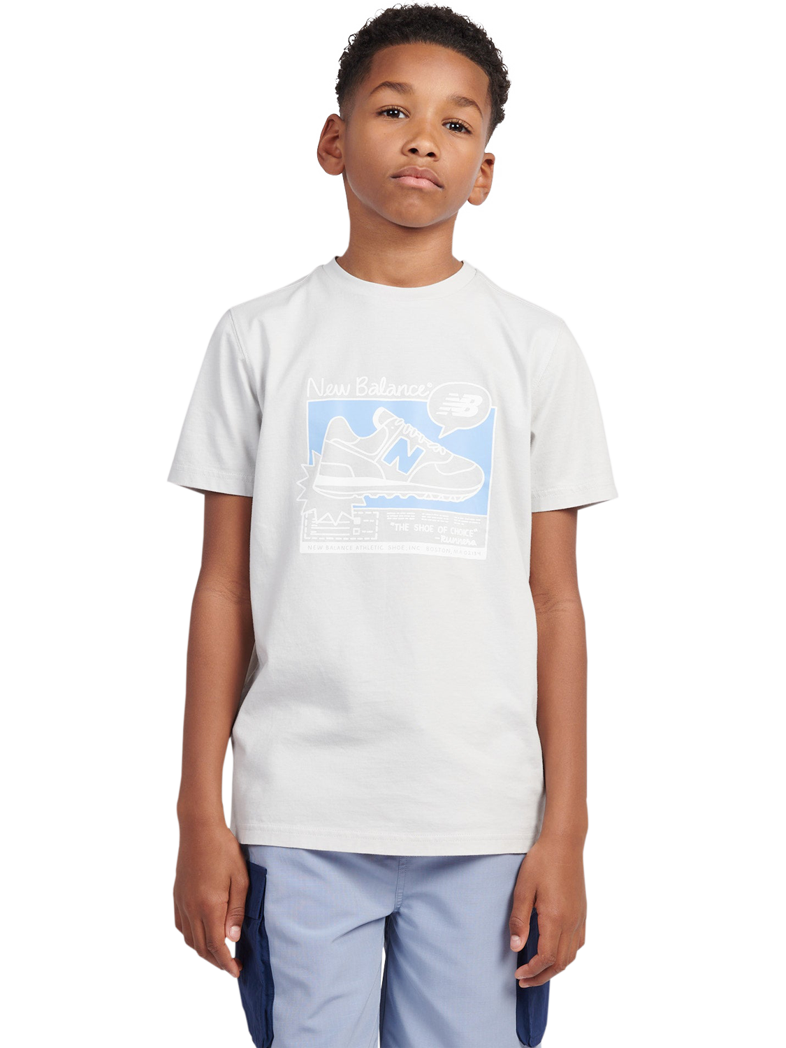 Product image 1 of 10, which shows New Balance Kids' Cotton Sneaker Poster Graphic T-Shirt, Grey Matter, 7-8 years