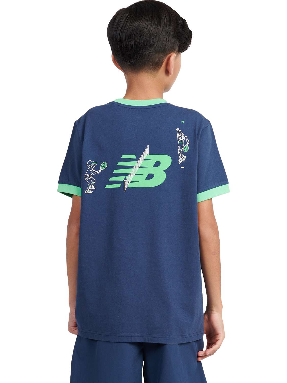 Product image 3 of 11, which shows New Balance Kids' Cotton Tennis Cartoon Graphic T-Shirt, Navy, 7-8 years