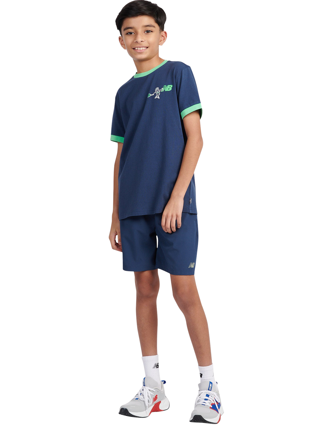 Product image 5 of 11, which shows New Balance Kids' Cotton Tennis Cartoon Graphic T-Shirt, Navy, 7-8 years