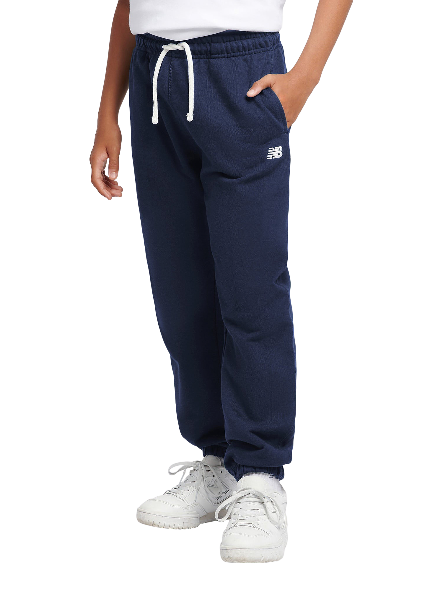 Product image 1 of 8, which shows New Balance Kids' Cotton Logo Joggers, Navy, 7-8 years