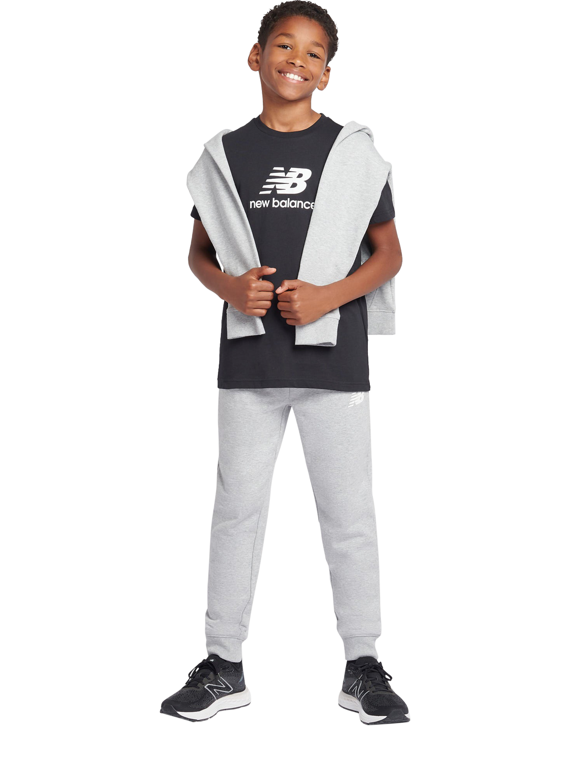 Product image 4 of 5, which shows New Balance Kids' French Terry Stacked Logo Joggers, Grey Heather, 7-8 years
