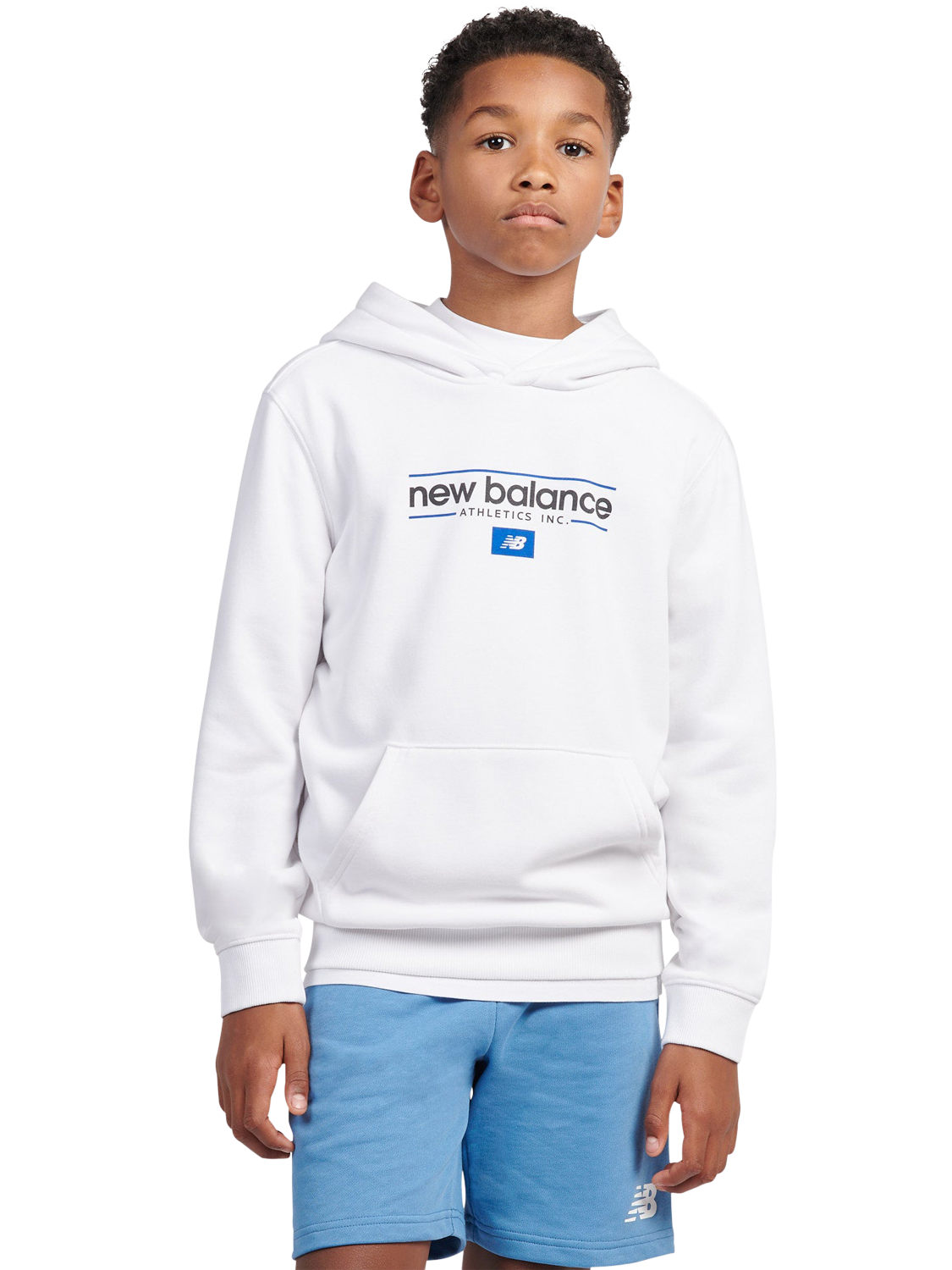 Product image 1 of 9, which shows New Balance Kids' Cotton Athletics Logo Hoodie, Bright White, 7-8 years