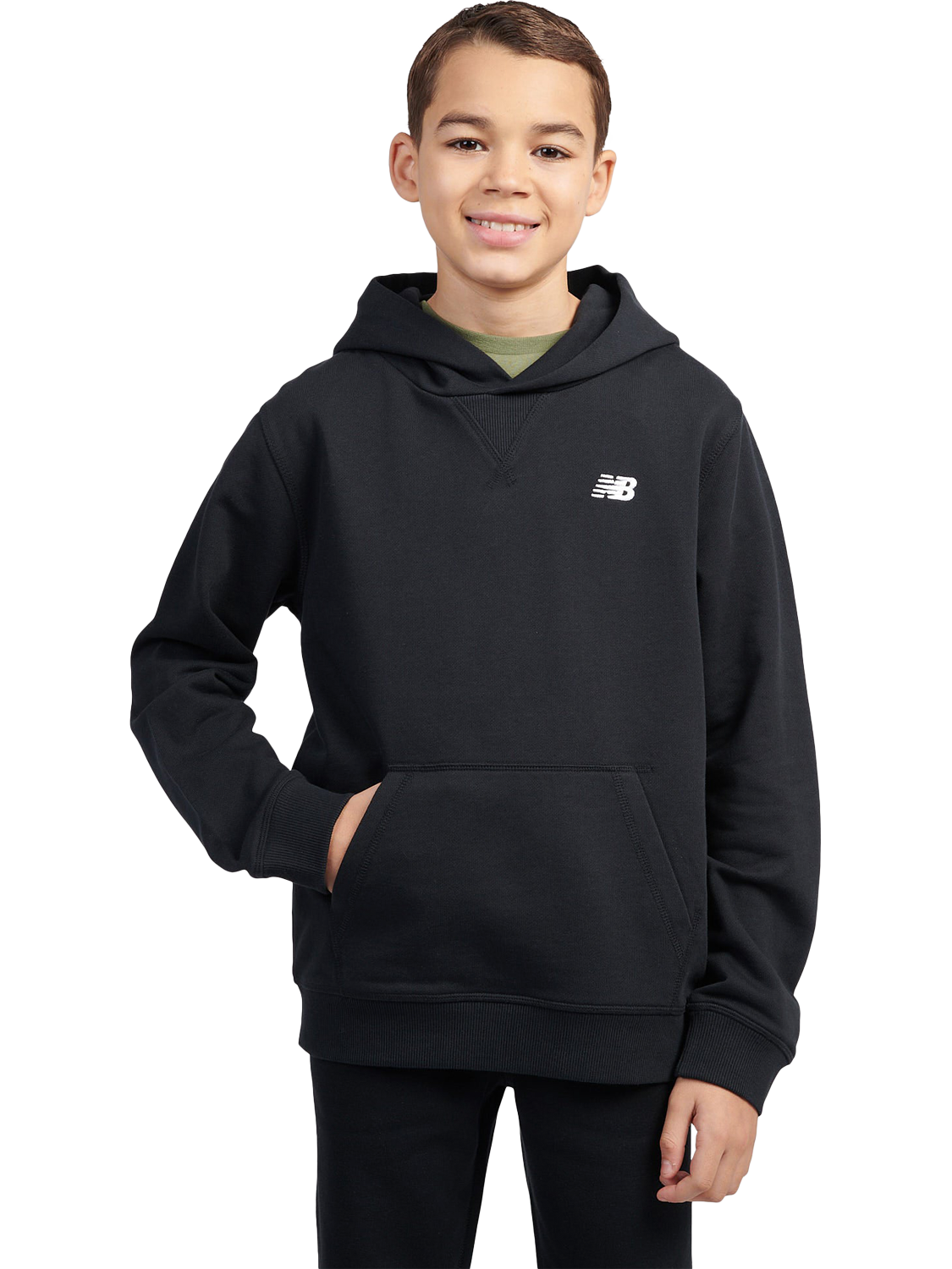 Product image 1 of 5, which shows New Balance Kids' French Terry Small Logo Hoodie, Caviar, 7-8 years
