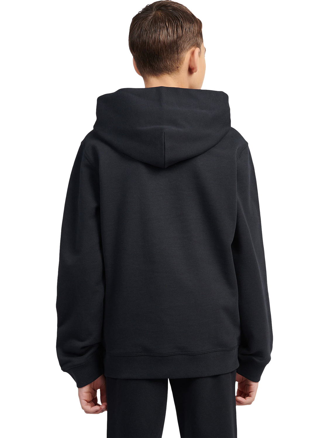 Product image 2 of 5, which shows New Balance Kids' French Terry Small Logo Hoodie, Caviar, 7-8 years