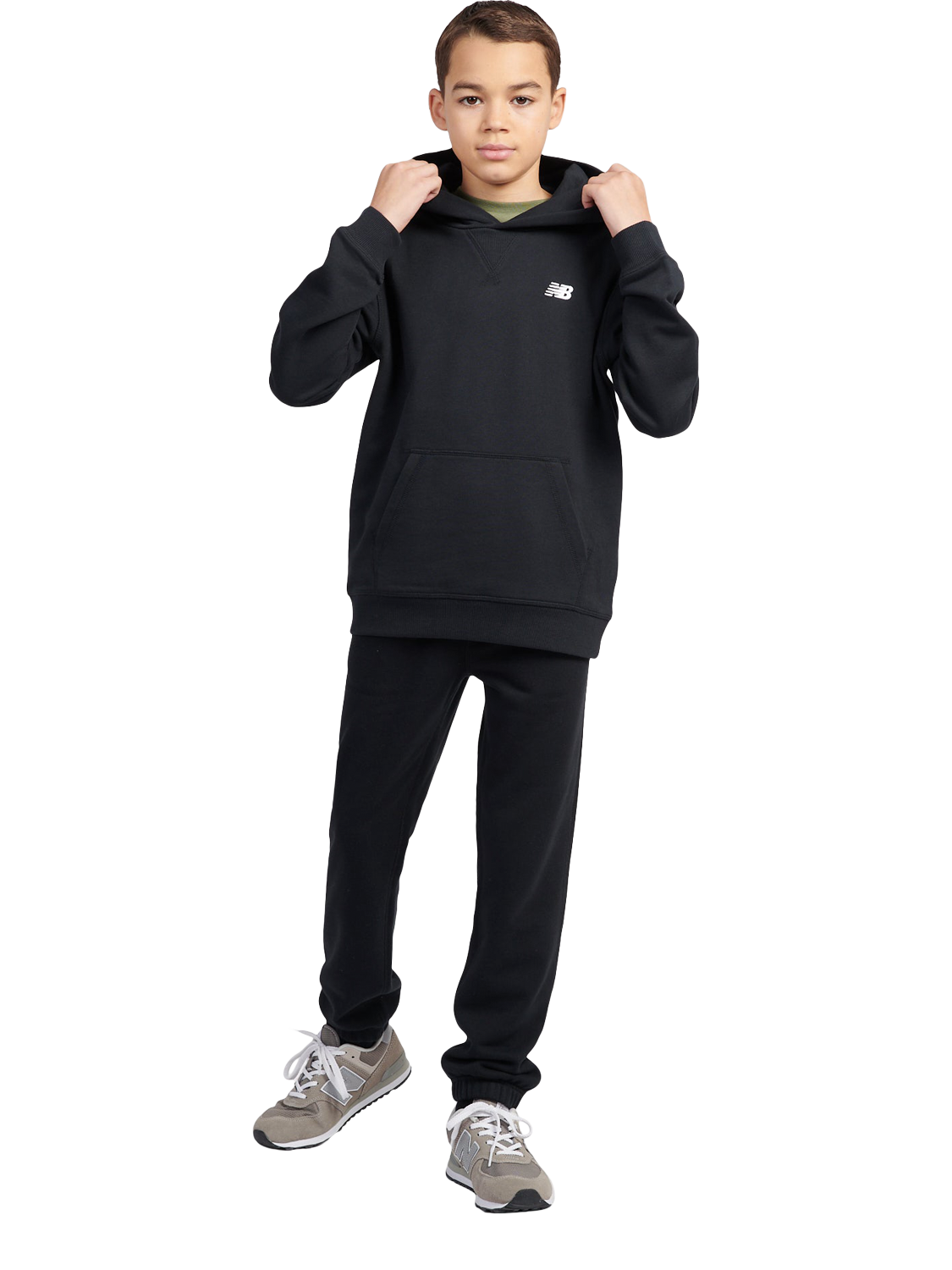 Product image 3 of 5, which shows New Balance Kids' French Terry Small Logo Hoodie, Caviar, 7-8 years