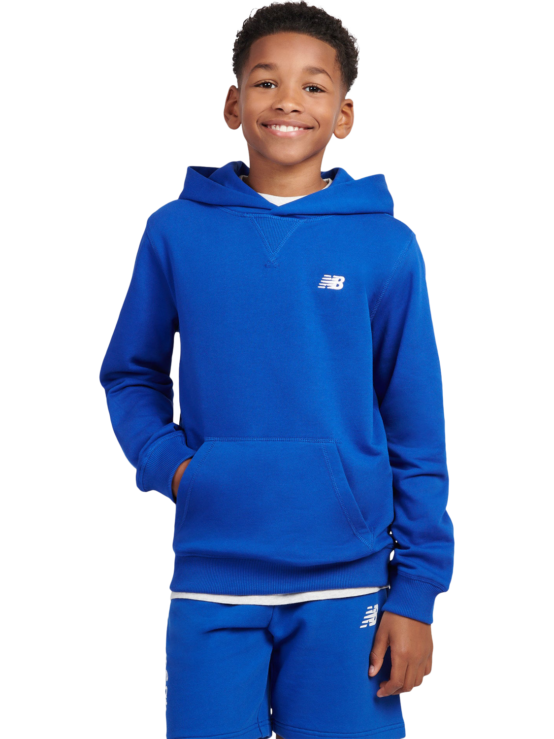Product image 1 of 8, which shows New Balance Kids' French Terry Small Logo Hoodie, Team Royal, 7-8 years