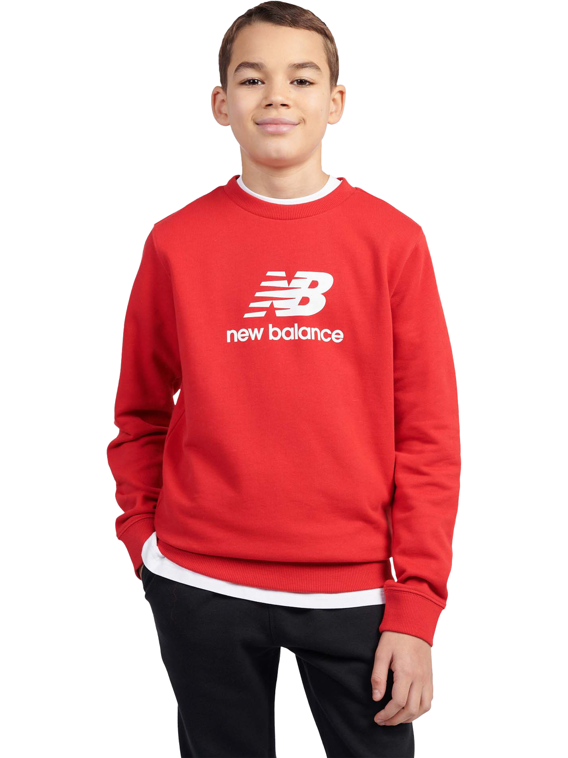 Product image 1 of 8, which shows New Balance Kids' Cotton Crew Neck Stacked Logo Sweatshirt, True Red, 7-8 years
