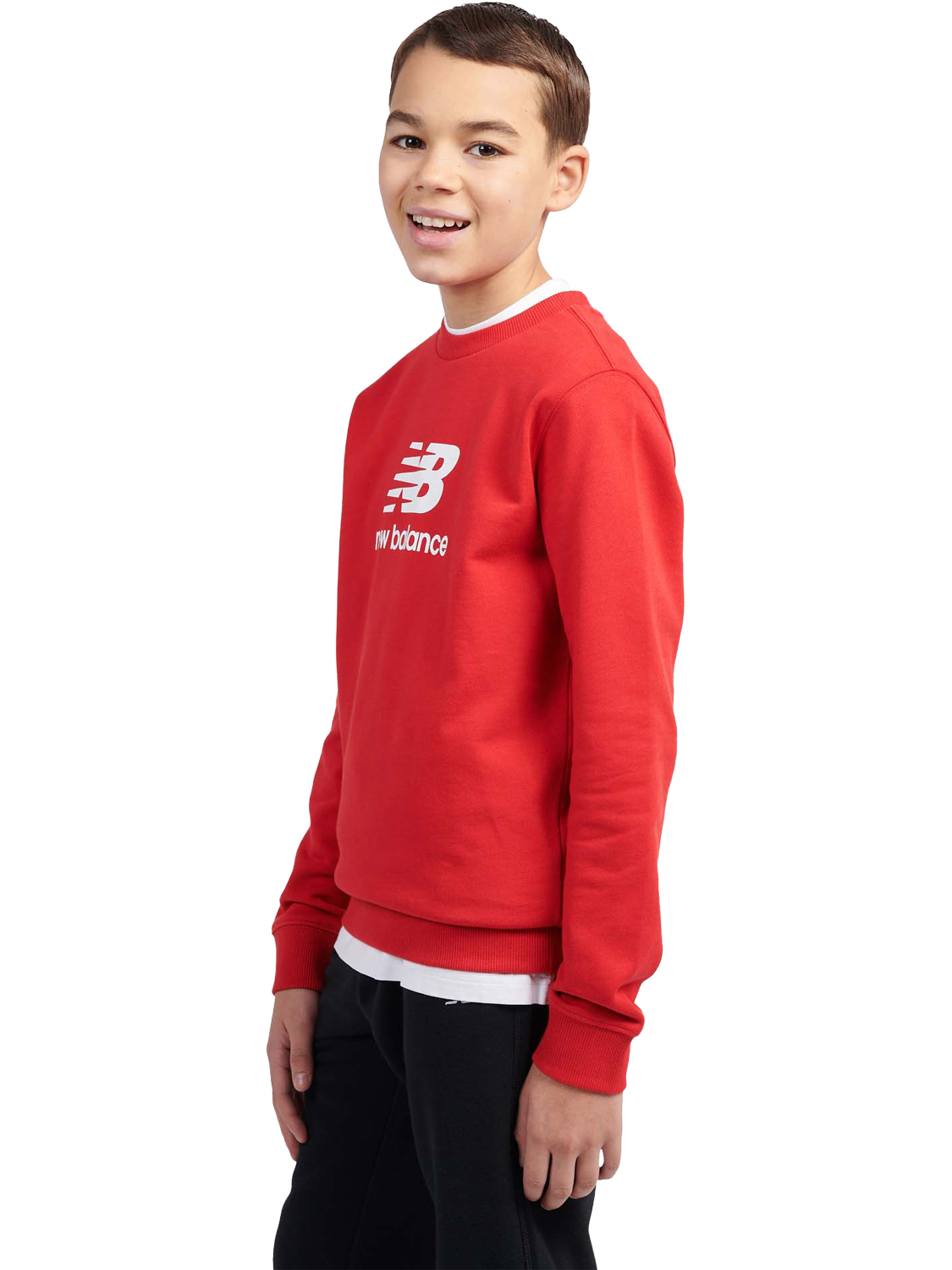Product image 2 of 8, which shows New Balance Kids' Cotton Crew Neck Stacked Logo Sweatshirt, True Red, 7-8 years