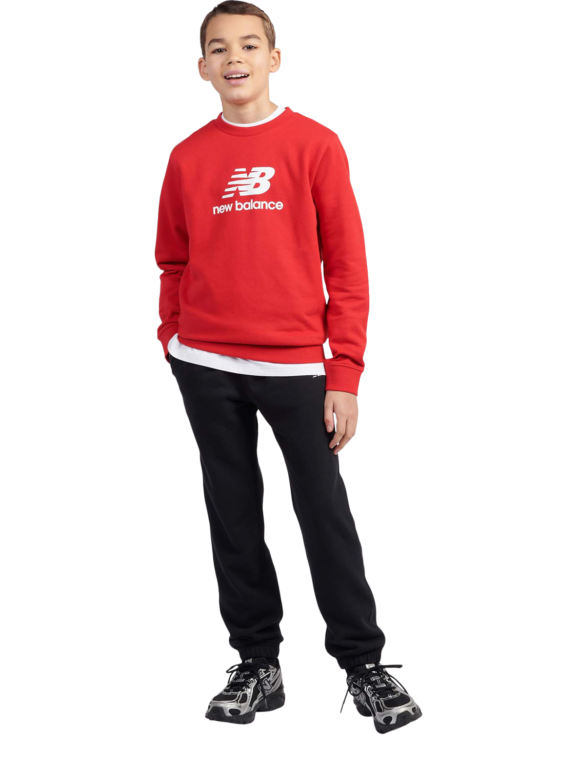 Product image 5 of 8, which shows New Balance Kids' Cotton Crew Neck Stacked Logo Sweatshirt, True Red, 7-8 years