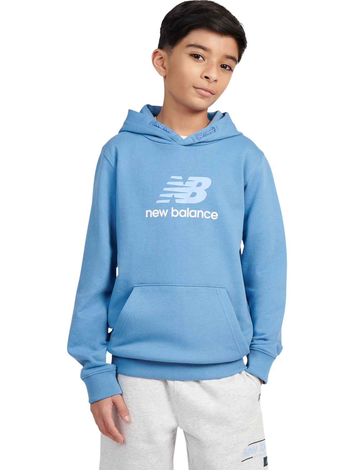 Product image 1 of 8, which shows New Balance Kids' Cotton Stacked Logo Hoodie, Blue Laguna, 7-8 years