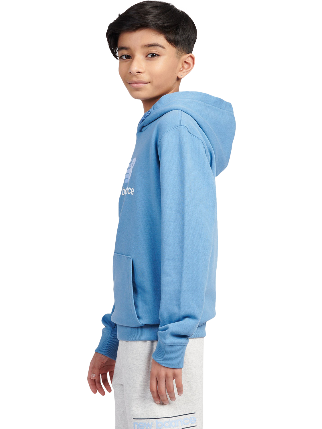Product image 2 of 8, which shows New Balance Kids' Cotton Stacked Logo Hoodie, Blue Laguna, 7-8 years