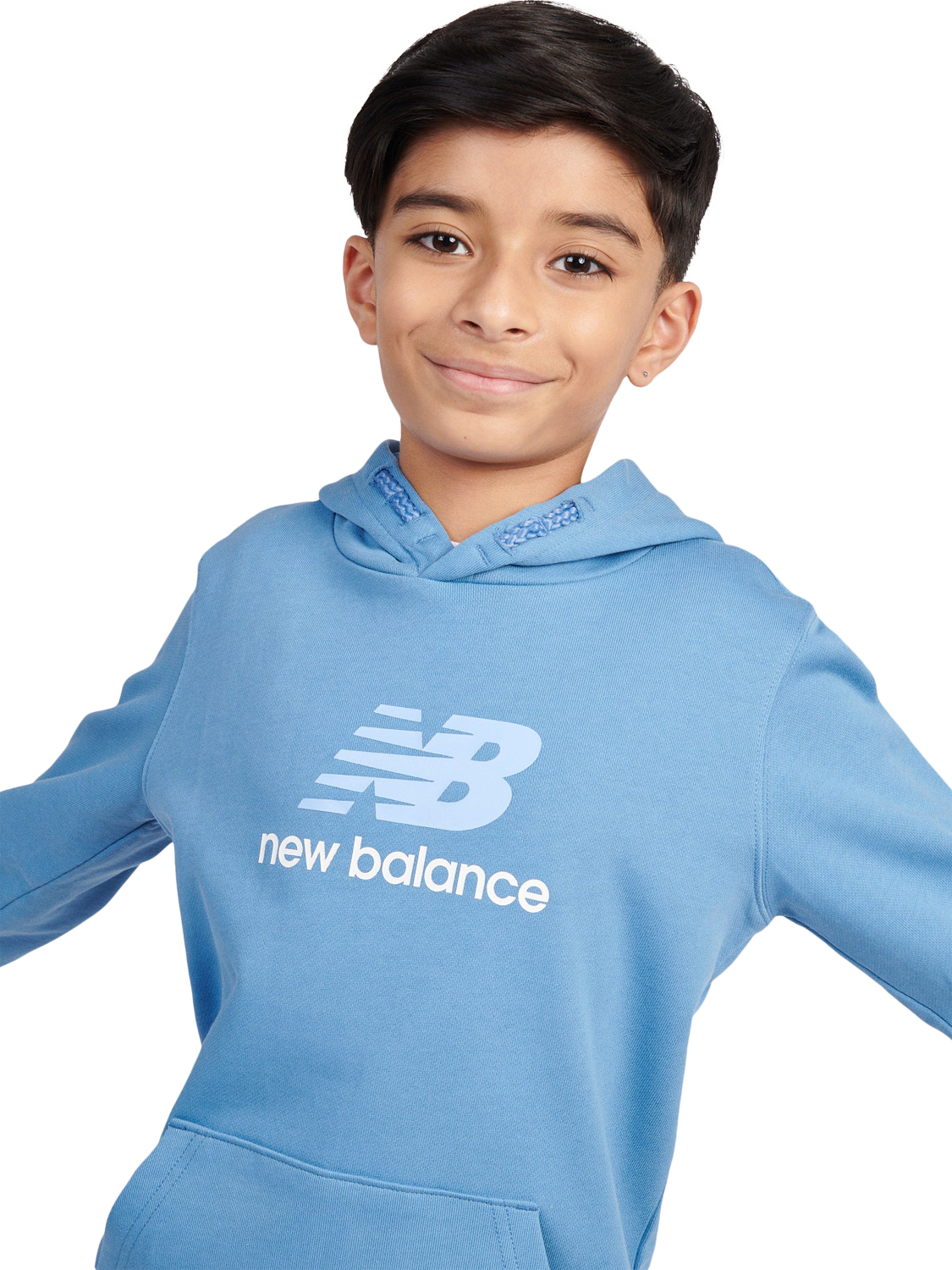 Product image 4 of 8, which shows New Balance Kids' Cotton Stacked Logo Hoodie, Blue Laguna, 7-8 years