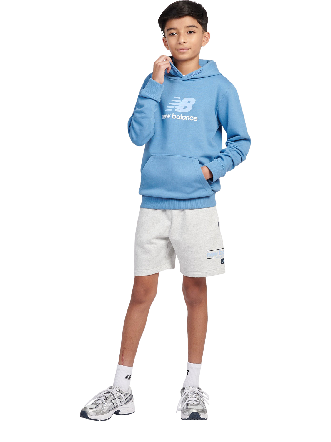 Product image 5 of 8, which shows New Balance Kids' Cotton Stacked Logo Hoodie, Blue Laguna, 7-8 years