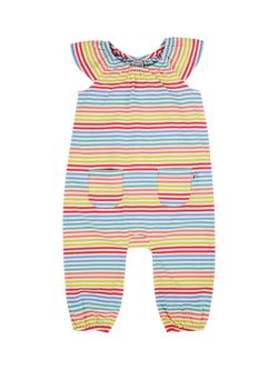Frugi Baby Dory Stripe Organic Cotton Rich Playsuit, Cornflower Rainbow, Cornflower Rainbow