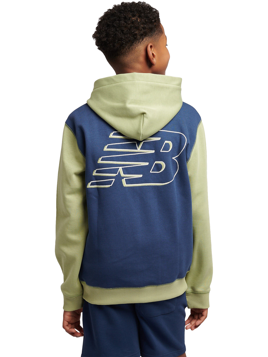 Product image 2 of 9, which shows New Balance Kids' Premium Colour Block Logo Hoodie, Everglade Green/Navy, 7-8 years