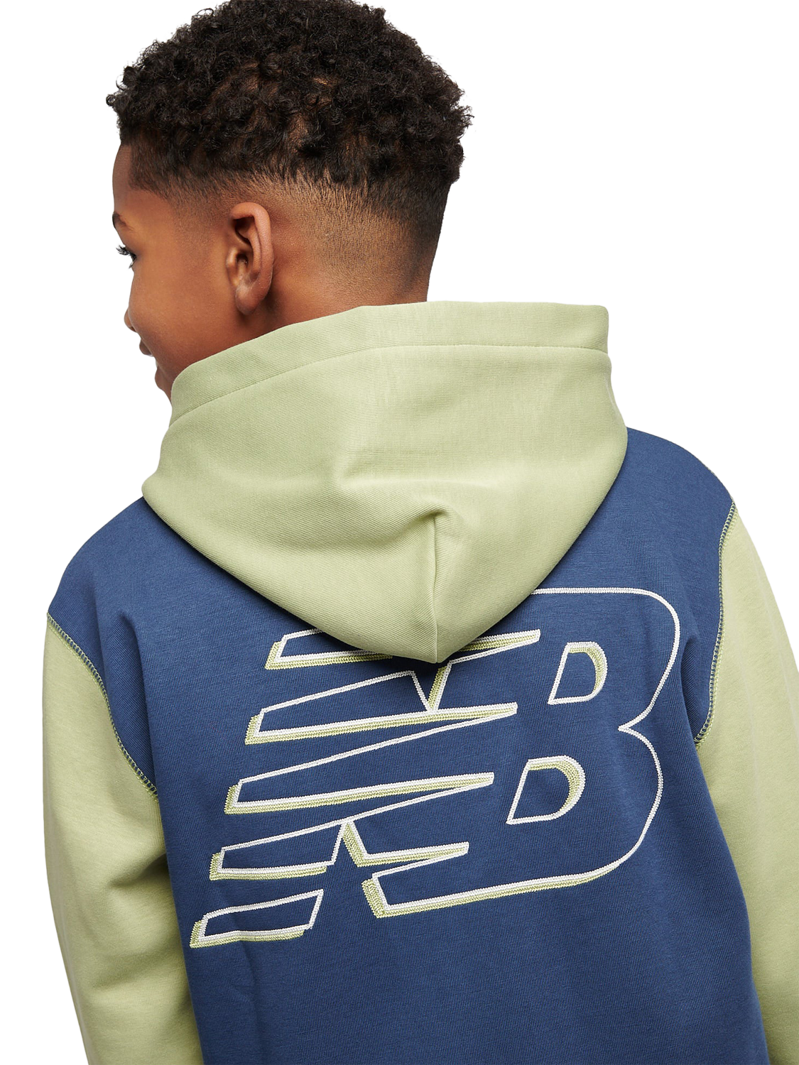 Product image 3 of 9, which shows New Balance Kids' Premium Colour Block Logo Hoodie, Everglade Green/Navy, 7-8 years