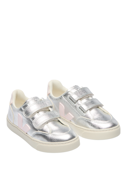 VEJA Kids' V-12 Metallic Leather Trainers, Silver Lassi - view 2, Silver Lassi