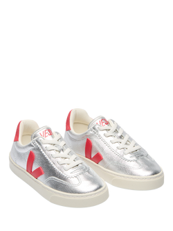 VEJA Kids' Volley Metallic Leather Trainers, Silver Pekin - view 2, Silver Pekin