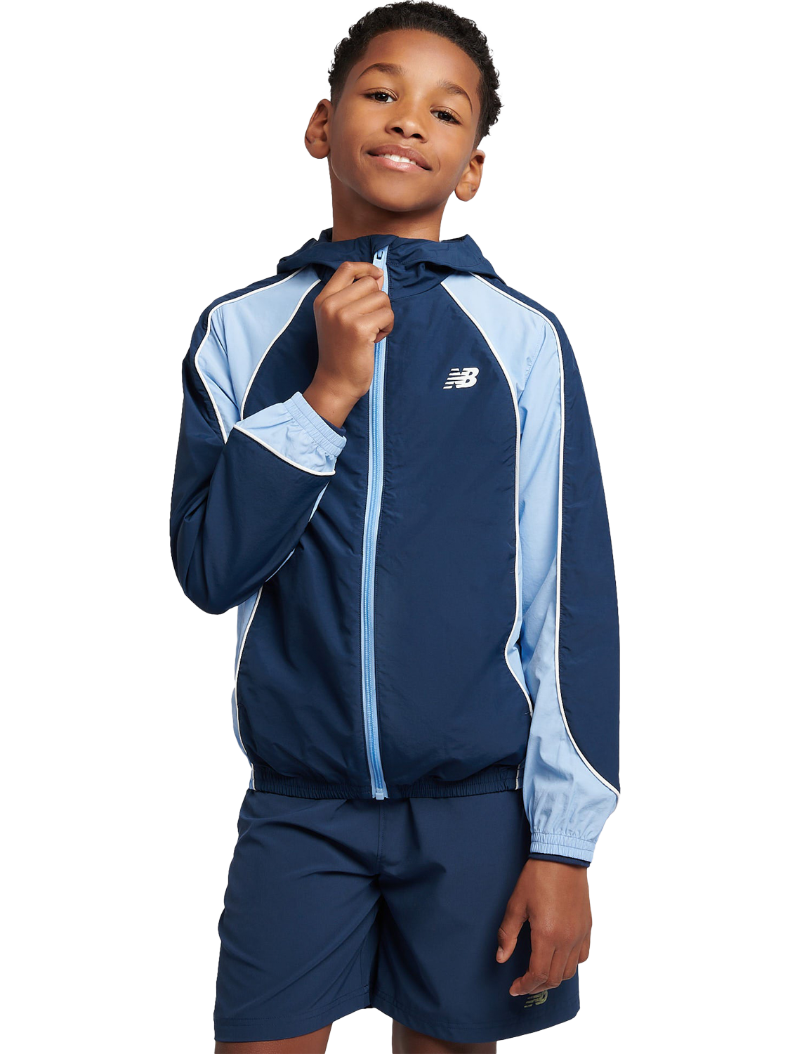 Product image 1 of 9, which shows New Balance Kids' Water Resistant Colour Block Training Jacket, Nb Navy, 7-8 years