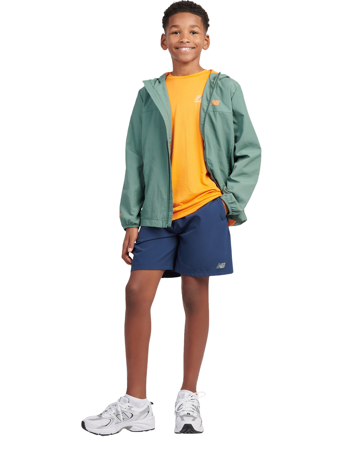 Product image 5 of 10, which shows New Balance Kids' Water Resistant Light Weight Jacket, Dark Juniper, 7-8 years