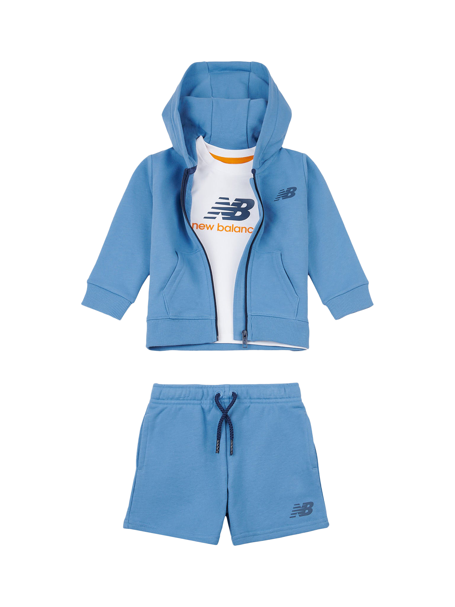 Product image 1 of 5, which shows New Balance Kids' Cotton Hooded T-Shirt and Shorts Set, Blue Laguna, 12 months
