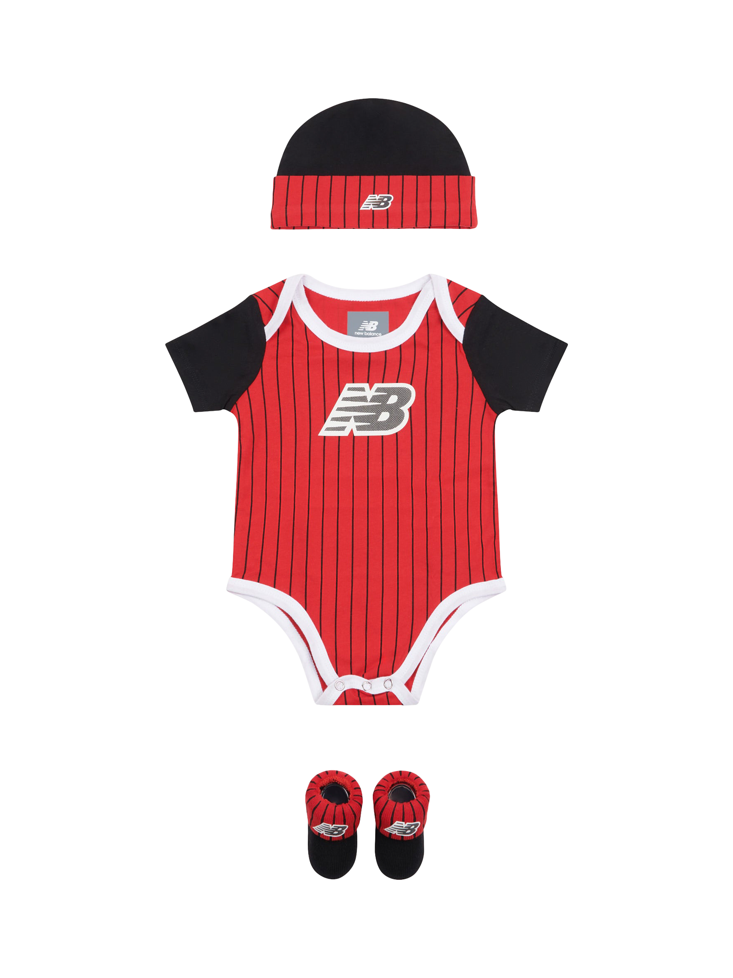 Product image 1 of 3, which shows New Balance Baby Cotton Blend Bodysuit Hat and Booties Set, Team Red, 0-6 months
