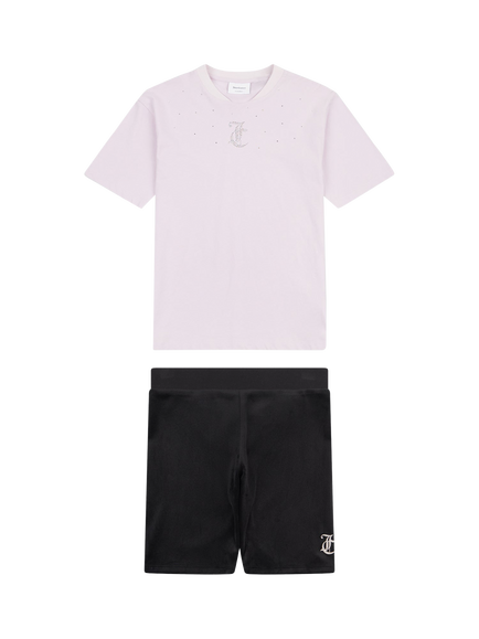 Juicy Couture Kids' Loose T-Shirt & Velour Cycling Short Set, Jet Black/Pink, Jet Black/Pink