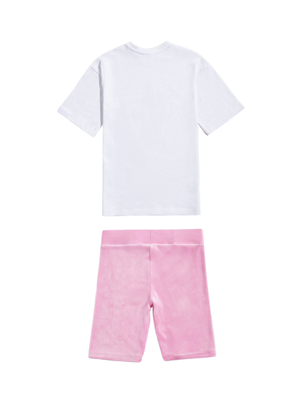 Juicy Couture Kids' Relaxed Fit T-Shirt & Velour Cycling Shorts Set, Pinky Lilac Chiffon - view 2, Pinky Lilac Chiffon