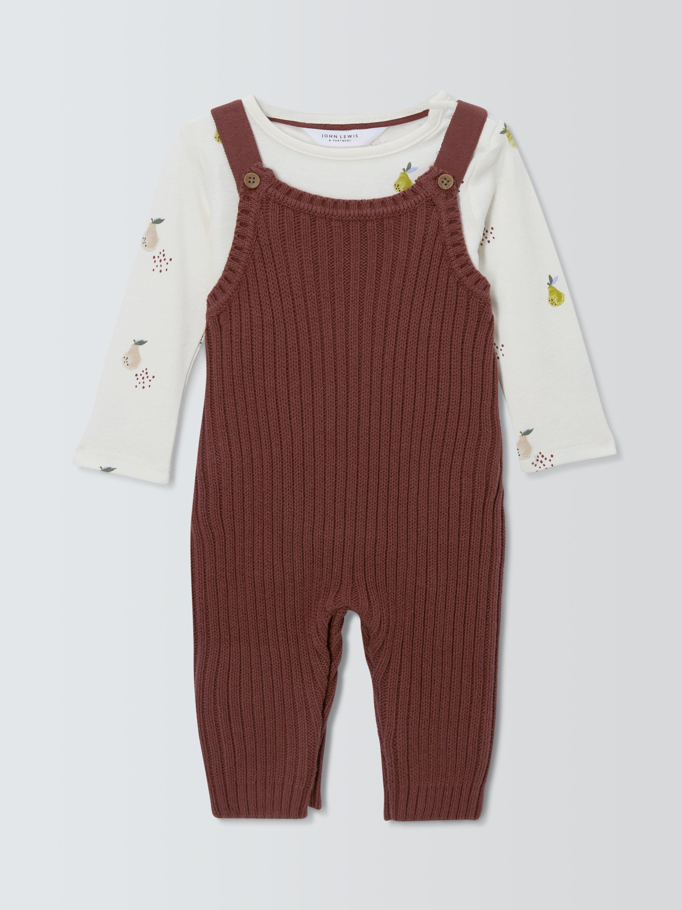 Product image 1 of 3, which shows John Lewis Baby Knitted Dungarees and Long Sleeve Top Set, White, Newborn
