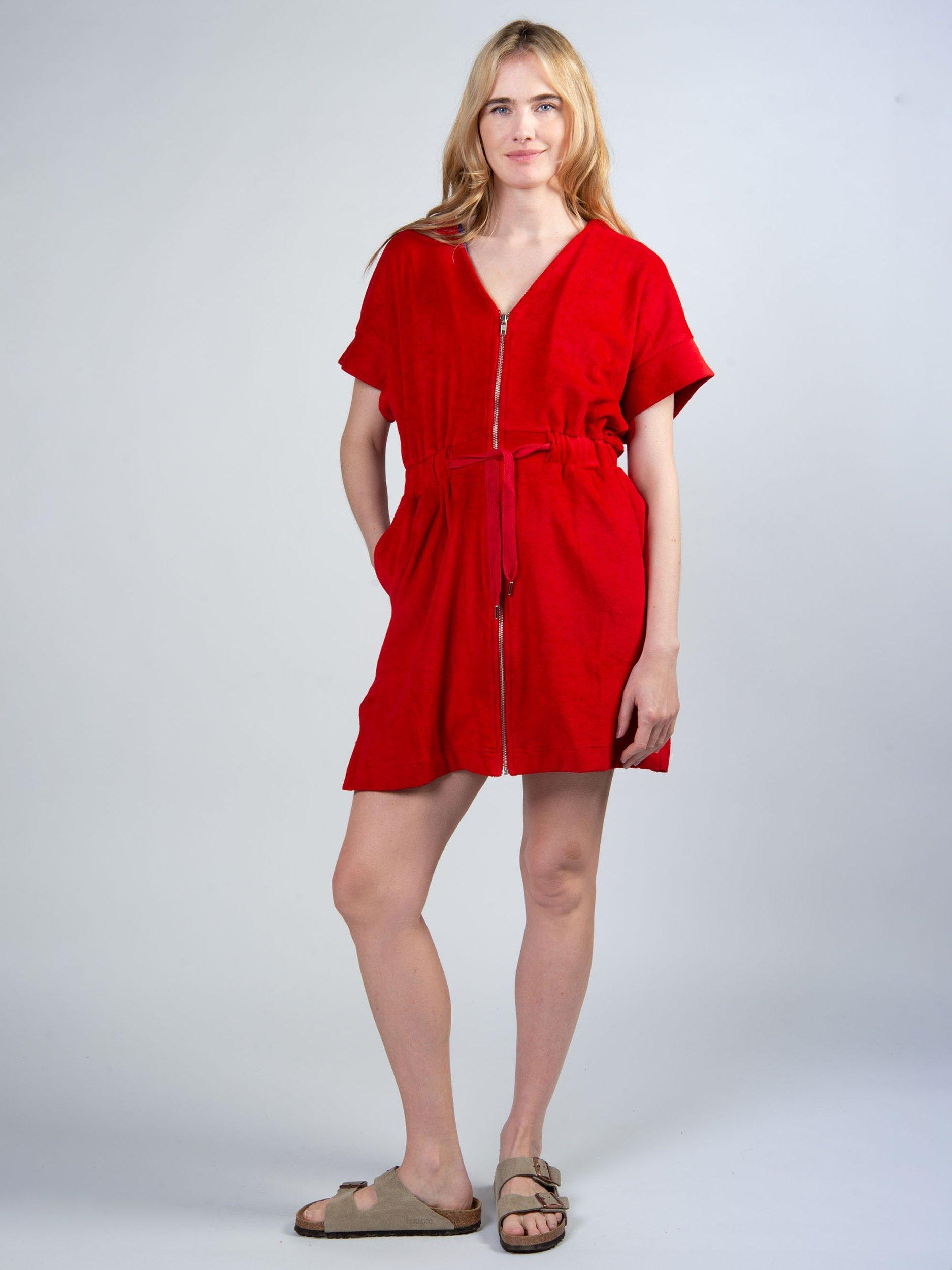 Product image 1 of 3, which shows Cape Cove Zip Towelling Dress, Cherry, XS