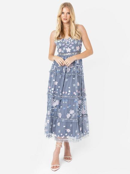 Maya Deluxe Floral Embroidered Midaxi Dress, Dusty Blue/Multi, Dusty Blue/Multi