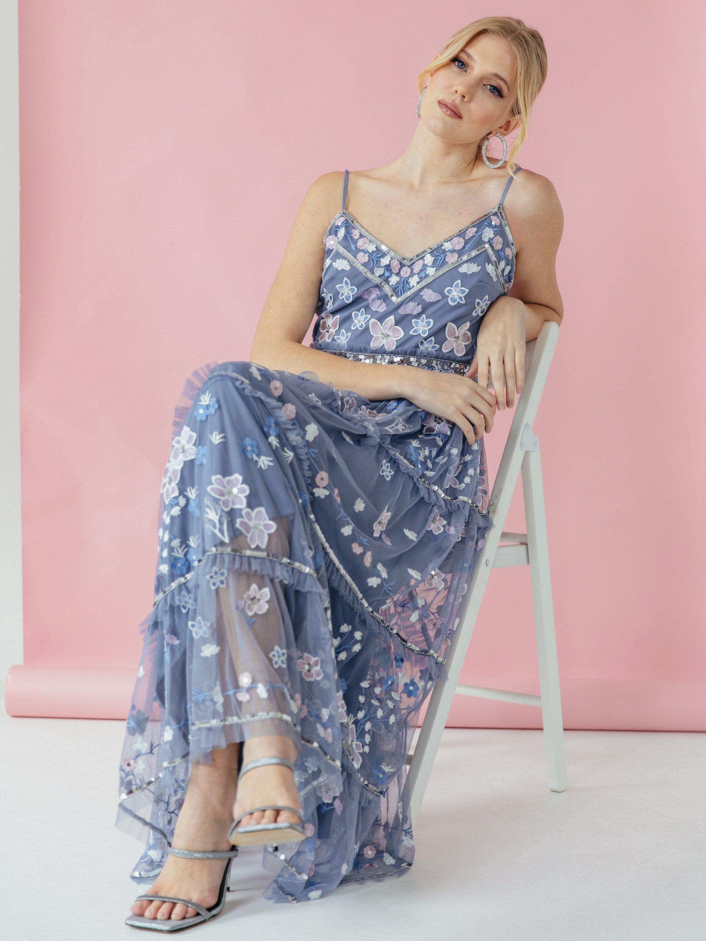 Product image 2 of 6, which shows Maya Deluxe Floral Embroidered Midaxi Dress, Dusty Blue/Multi, 6