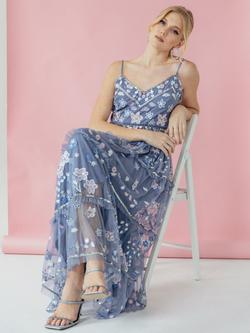 Maya Deluxe Floral Embroidered Midaxi Dress, Dusty Blue/Multi - view 2, Dusty Blue/Multi